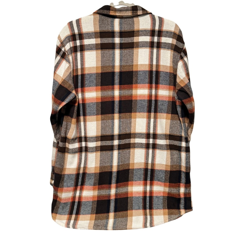 Womens Plaid Flannel Shirt Jacket BeachLoungeLunch Orange Brown White - Picture 10 of 13